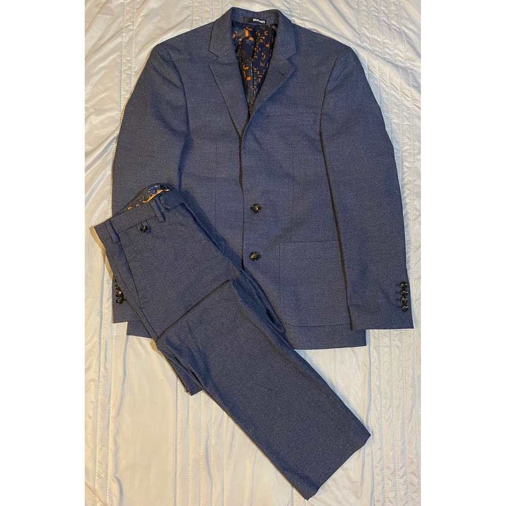 Murano Mens Blue Textured Two Piece Suit Blazer and Trousers Set Slim Fit
